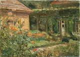 Max Liebermann, Blumenstauden am Gärtnerhäuschen nach Nordosten“. 1929 (?), Öl auf Leinwand