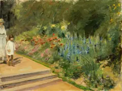 Max Liebermann, Enkelin und Kinderfrau im Nutzgarten, 1923, Öl auf Leinwand