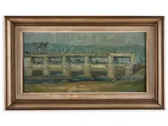 Sketch of a Dam by Vladimír Vestenický, 1957, Oil on hardboard, sold Oct 2022