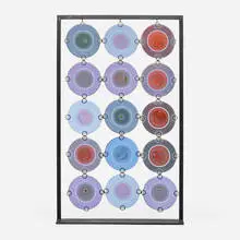 Frances and Michael Higgins, Rondelay screen, c. 1965, fused glass, brass
