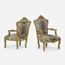 Louis XV Style, Bergères, pair, carved, enameled and gilt wood, upholstery