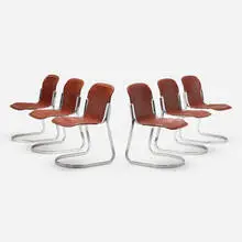 Chairs, set of six by Willy Rizzo, c. 1975, chrome-plated steel, leather, sold Jun 2024