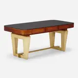 Melchiorre Bega, Dining table, c. 1950, lacquered vellum, mahogany, brass, black glass
