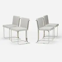 Lazzarini & Pickering, Murena Light chairs, set of four, 2019, polished stainless steel, faux leather upholstery