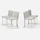 Lazzarini & Pickering, Murena Light chairs, set of four, 2019, polished stainless steel, faux leather upholstery