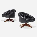Ward Bennett, Swivel lounge chairs, pair, c. 1965, leather, walnut, casters