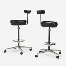 Perch swivel stools, pair by Robert Propst for George Nelson & Associates, chrome-plated and enameled steel, leather, aluminum, casters, sold Jun 2024