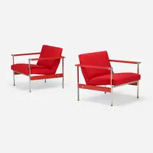Arthur Elrod, Lounge chairs, pair, c. 1970, chrome-plated brass, lacquered aluminum, upholstery