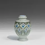Roseville Pottery, Della Robbia vase with colorful peacock feather decoration