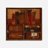 Hannelore Baron, Untitled, 1981, wood, fabric, paper, ink, paint, lead, string in artist's frame and easel