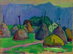 Gabriele Münter, Heuhocken in Murnau, Um 1909, Öl auf Pappe