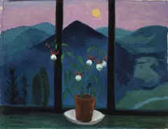Gabriele Münter, Fuchsie vor Mondlandschaft, 1928, Öl auf Pappe, auf Pappe aufgezogen