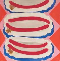 Konrad Fischer, Bockwürste auf Pappteller, 1962, Tempera und Acryl auf Leinwand