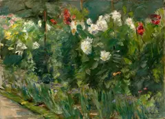 Max Liebermann, Rote und weiße Blumen nach Südosten (Blumenstauden im Nutzgarten nach Südosten), 1925, Öl auf Leinwand