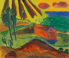 Karl Schmidt-Rottluff, Bootshaus in Jershöft (Rettungshaus am Strand), 1920, Öl auf Leinwand
