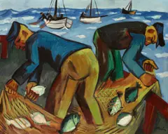 Max Pechstein, Aufgeholtes Netz, 1922, Öl auf Leinwand. Doubliert