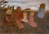 Paula Modersohn-Becker, Fünf Kinder an einem Hang, rechts Elsbeth, 1902, Tempera auf Pappe