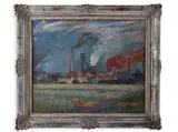 Jaroslav Kovář, Industrial Landscape, 1960s, Oil on cardboard