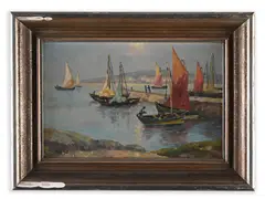 Adolf Kašpar, Ships in the Port, Late 19th/early 20th century, Oil on cardboard