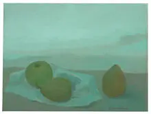 Helen Lundeberg, An Apple and Two Pears, 1976, Canvas board