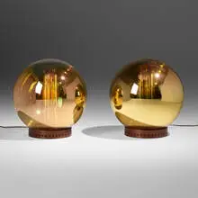 Robert Sonneman, Globe table lamps, pair, c. 1965, patinated aluminum, iridescent colored glass
