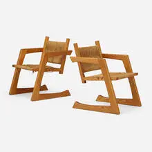 Gino Russo, Armchairs, pair, c. 1978, oak, grass cording