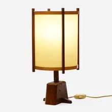 Table lamp by Gino Russo, c. 1995, rosewood, burl, walnut, holly, fiberglass, sold Jun 2024
