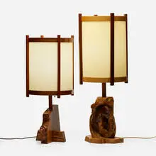 Gino Russo, Table lamps, set of two, 1995, 2004, zebrawood, walnut, rosewood, maple, hickory, white oak, fiberglass