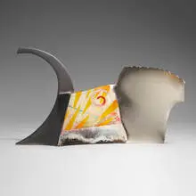 Teapot by Bennett Bean, c. 2004, pit-fired and painted earthenware, enameled MDF, sold Jun 2024