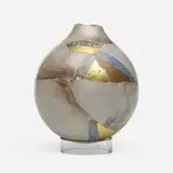 Rick Dillingham, Vase, 1978, purposefully broken and reassembled raku-fired, glazed, and gilt earthenware, acrylic stand