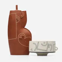 Vase and bowl by Nicholas Homoky, 1985, porcelain, earthenware, and inlaid decoration, sold Jun 2024