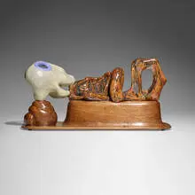 Paul Noble, Twenty-two, 2004, glazed ceramic, walnut