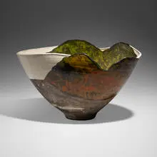 Landscape bowl by Wayne Higby, c. 1980, glazed and raku-fired earthenware, sold Jun 2024