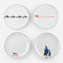 Howard Kottler, Collection of four plates, c. 1970, glazed, silvered, and transfer-decorated porcelain