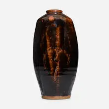 Vase with willow tree by Bernard Leach, tenmoku-glazed stoneware, sold Jun 2024