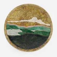 Wall-hanging landscape charger by Wayne Higby, c. 1980, glazed and raku-fired earthenware, sold Jun 2024