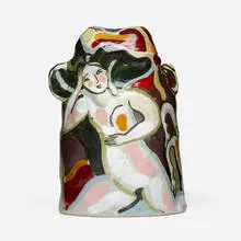 Monumental covered vessel by Rudy Autio, 1983, hand-built and glazed earthenware, sold Jun 2024