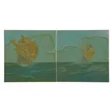 set of tiles depicting sailing galleons at sea, two by Rookwood Pottery, sold Nov 2021