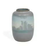 striking earthenware Vellum glaze banded scenic vase by Elizabeth McDermott for Rookwood Pottery, sold Nov 2021