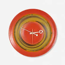 Howard Miller, wall clock, model 7591, c. 1975, glazed ceramic, enameled aluminum, brass