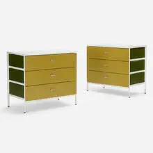 Steelframe cabinets, pair by George Nelson & Associates, 1950, lacquered wood, enameled steel, masonite, aluminum, sold Sep 2019