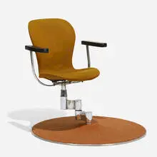 Gideon Kramer, Recorder's chair, 1962, chrome-plated steel, carpet, upholstery, polyethylene