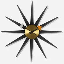 Spike wall clock, model 2202E by George Nelson & Associates, 1952-53, brass, lacquered wood, enameled aluminum, sold Sep 2019