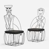 John Risley, chairs, pair, c. 1965, enameled steel, upholstery