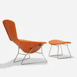 Harry Bertoia, Bird chair and ottoman, 1952 / 1980, chrome-plated steel, upholstery, rubber