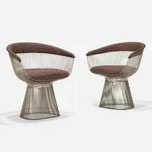dining chairs, pair by Warren Platner, 1966, chrome-plated steel, upholstery, sold Sep 2019