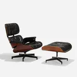 Charles and Ray Eames, 670 lounge chair and 671 ottoman, 1956, molded walnut plywood, leather, enameled steel