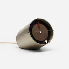 Clocknik table clock, model 2270B by George Nelson & Associates, 1959, stainless steel, brass, lacquered aluminum, steel wire, sold Sep 2019