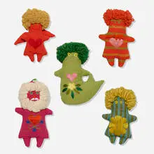 Marilyn Neuhart, collection of five dolls, c. 1961, wool, fabric, silk thread