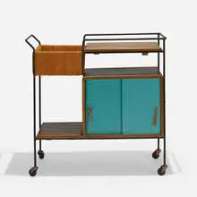 Arthur Umanoff, bar cart, c. 1950, enameled steel, walnut, lacquered Masonite, stained jute, laminate, leather